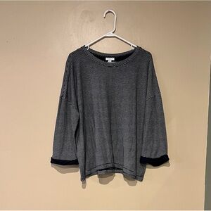 J. Jill Tunic Top Stretch Navy Ivory Striped Nautical 3/4 Sleeves Cotton 2x READ